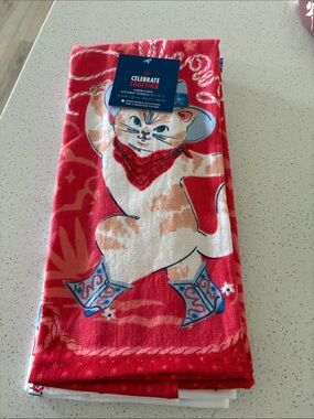 Celebrate Together Red Cowboy Cat Kitchen Towels NWT
